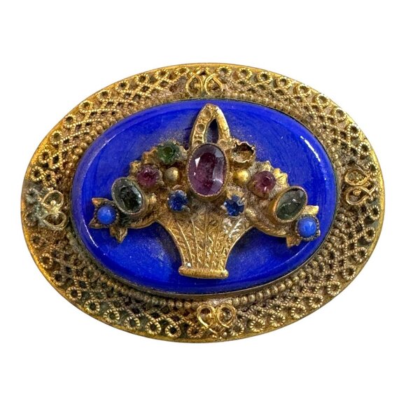 Antique Brass & Enamel Jewelry Trinket Box Amethyst Lapis Lazuli Gemstone READ - Picture 3 of 8